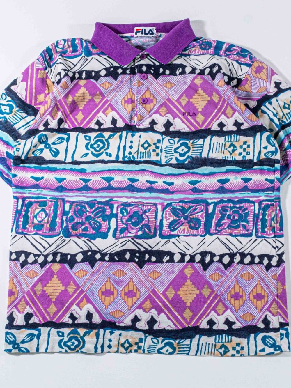 Vintage Fila Hawaiian All Over Print Polo Shirt Medium M 90s Abstract Art Retro